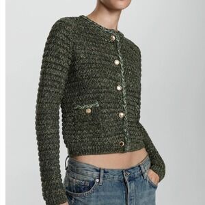 Mango MNG Lurex Chunky Knit Cardigan S Button Front Collarless Green